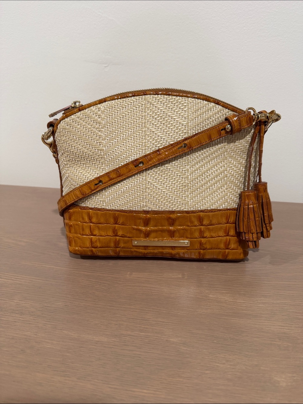 Brahmin Cream Woven and Tan Croc-Embossed Crossbody With Tassels
